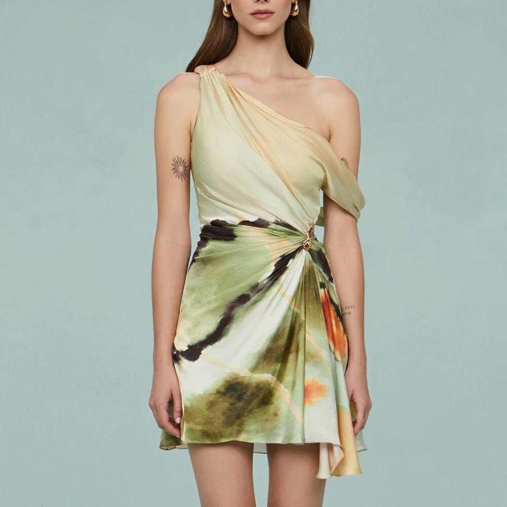 AMUR One-Shoulder Green and Cream Mini Dress